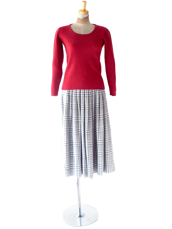 ヨーロッパ古着 フランス買い付け 60年代製 グレイ X レッドステッチ 千鳥格子 ヴィンテージ ウール スカート 25FC212