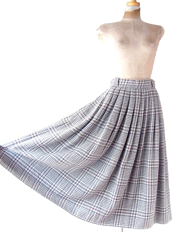 ヨーロッパ古着 フランス買い付け 60年代製 グレイ X レッドステッチ 千鳥格子 ヴィンテージ ウール スカート 25FC212