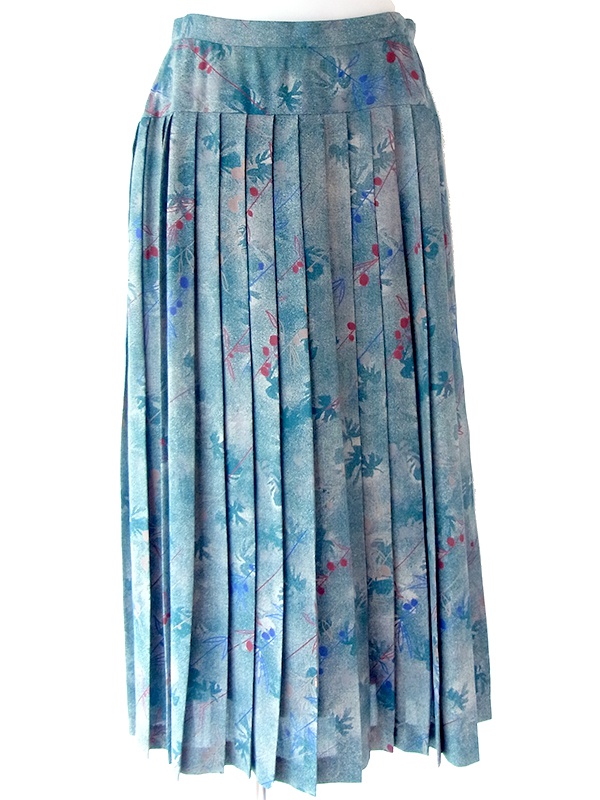 ヨーロッパ古着 フランス買い付け 70年代製 ブルーグリーン×ボタニカル柄 プリーツスカート 25FC215