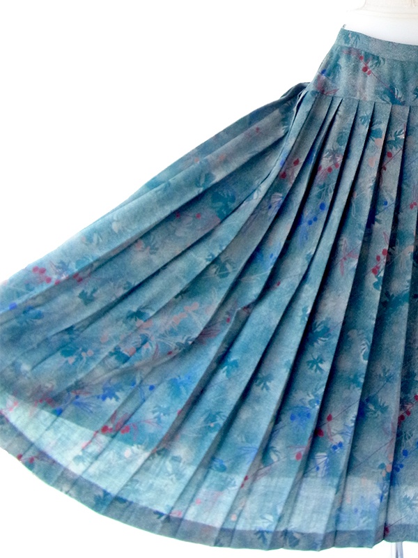 ヨーロッパ古着 フランス買い付け 70年代製 ブルーグリーン×ボタニカル柄 プリーツスカート 25FC215