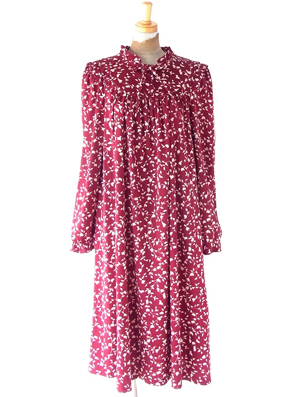 ヨーロッパ古着 フランス買い付け 70年代製 バーガンディー X ホワイト リーフ柄 ヴィンテージ ワンピース 25FC300