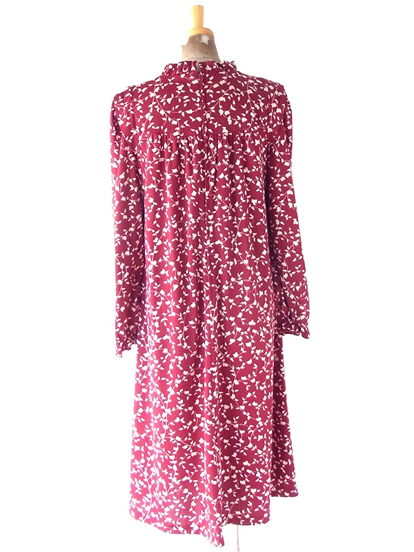 ヨーロッパ古着 フランス買い付け 70年代製 バーガンディー X ホワイト リーフ柄 ヴィンテージ ワンピース 25FC300