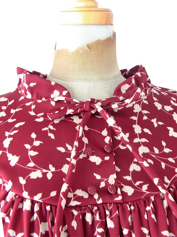 ヨーロッパ古着 フランス買い付け 70年代製 バーガンディー X ホワイト リーフ柄 ヴィンテージ ワンピース 25FC300