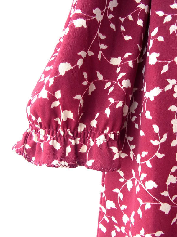 ヨーロッパ古着 フランス買い付け 70年代製 バーガンディー X ホワイト リーフ柄 ヴィンテージ ワンピース 25FC300