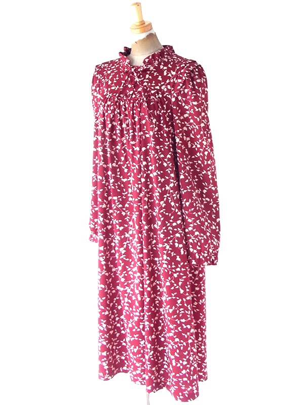 ヨーロッパ古着 フランス買い付け 70年代製 バーガンディー X ホワイト リーフ柄 ヴィンテージ ワンピース 25FC300