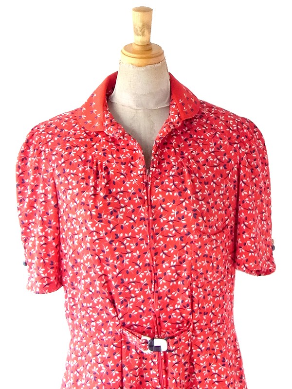 ヨーロッパ古着 70年代フランス製 レッド X ブルー・ホワイト 小花柄 ヴィンテージ ワンピース 25FC301