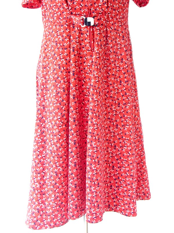 ヨーロッパ古着 70年代フランス製 レッド X ブルー・ホワイト 小花柄 ヴィンテージ ワンピース 25FC301