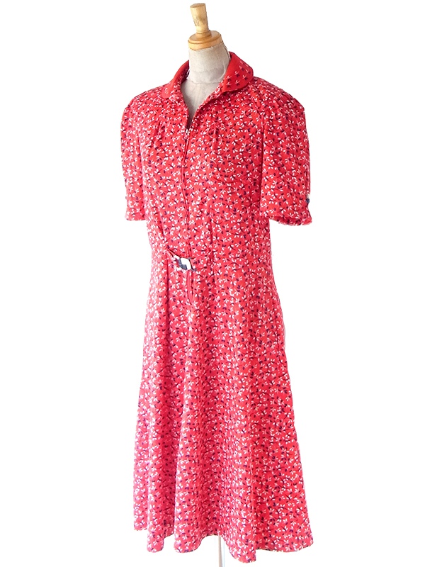 ヨーロッパ古着 70年代フランス製 レッド X ブルー・ホワイト 小花柄 ヴィンテージ ワンピース 25FC301