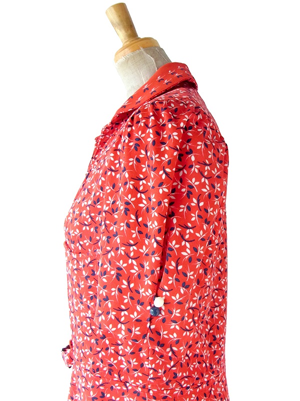 ヨーロッパ古着 70年代フランス製 レッド X ブルー・ホワイト 小花柄 ヴィンテージ ワンピース 25FC301