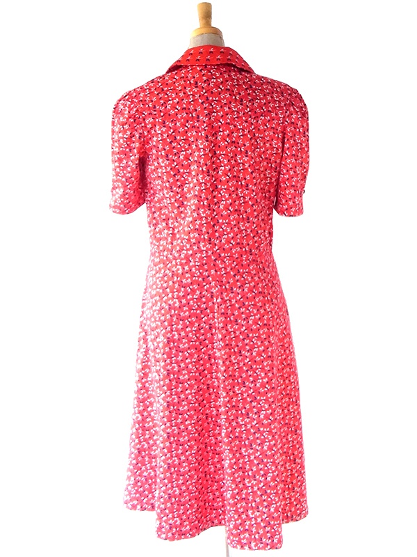 ヨーロッパ古着 70年代フランス製 レッド X ブルー・ホワイト 小花柄 ヴィンテージ ワンピース 25FC301