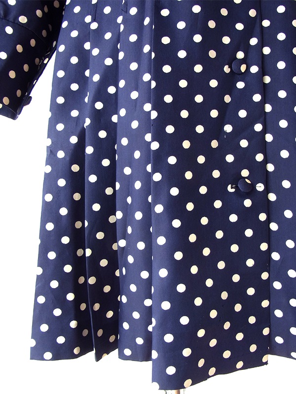 ヨーロッパ古着 フランス買付け 70年代製 ネイビー X ホワイト 水玉 フレアシルエット プリーツ ワンピース 25FC302
