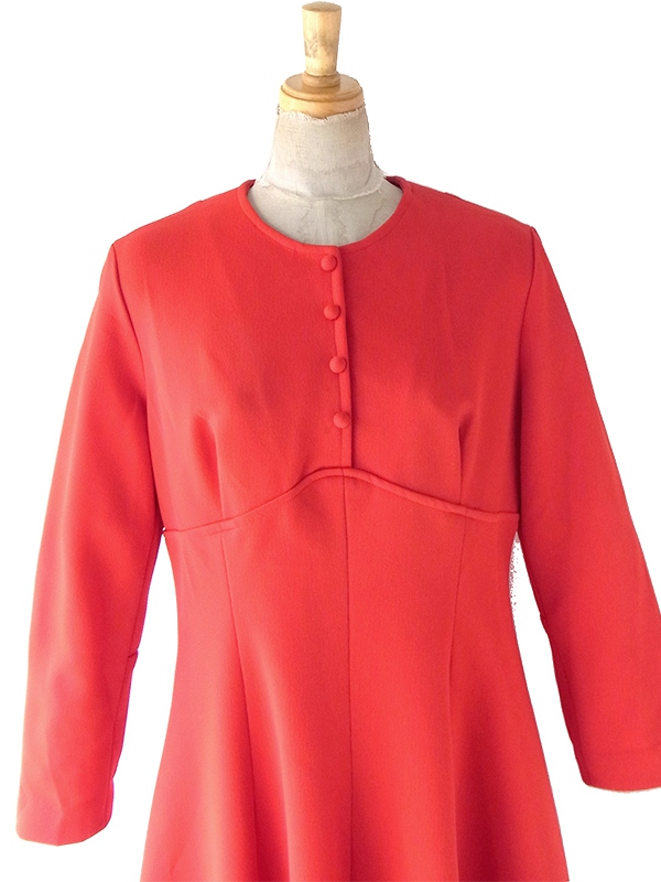 ヨーロッパ古着 70年代フランス製 レッドオレンジ ヴィンテージ フレアシルエット ワンピース 25FC304