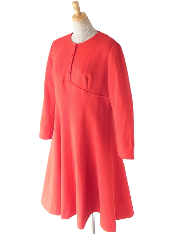 ヨーロッパ古着 70年代フランス製 レッドオレンジ ヴィンテージ フレアシルエット ワンピース 25FC304