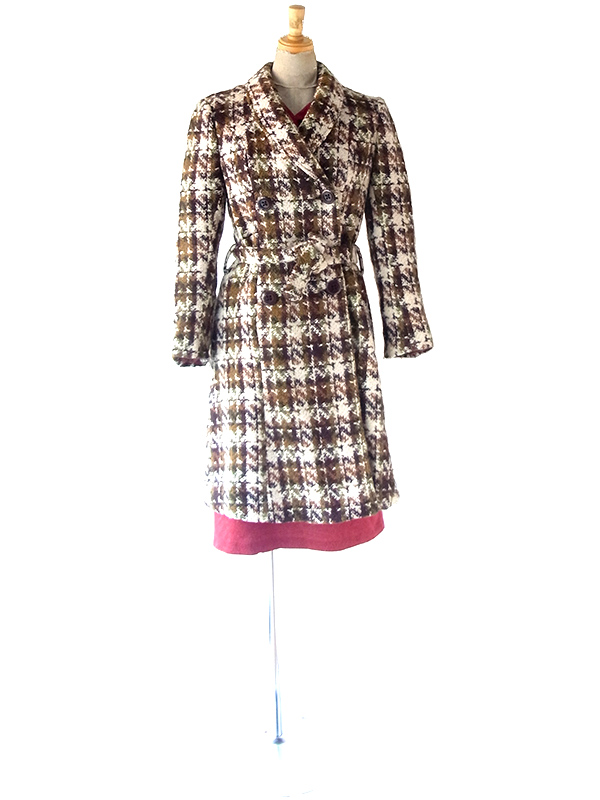 ヨーロッパ古着 フランス買い付け 60年代製 アイボリー X ブラウン・グリーン チェックツイード ウール コート 25FC310