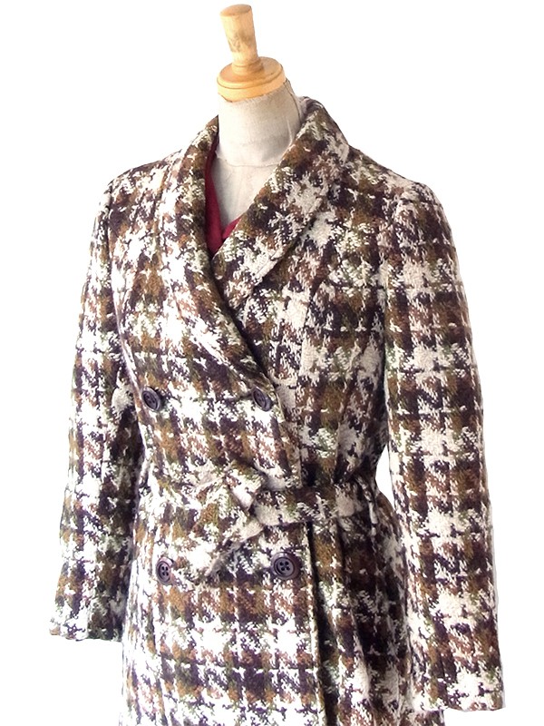 ヨーロッパ古着 フランス買い付け 60年代製 アイボリー X ブラウン・グリーン チェックツイード ウール コート 25FC310