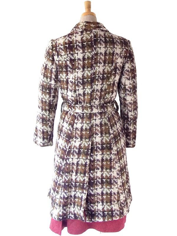 ヨーロッパ古着 フランス買い付け 60年代製 アイボリー X ブラウン・グリーン チェックツイード ウール コート 25FC310