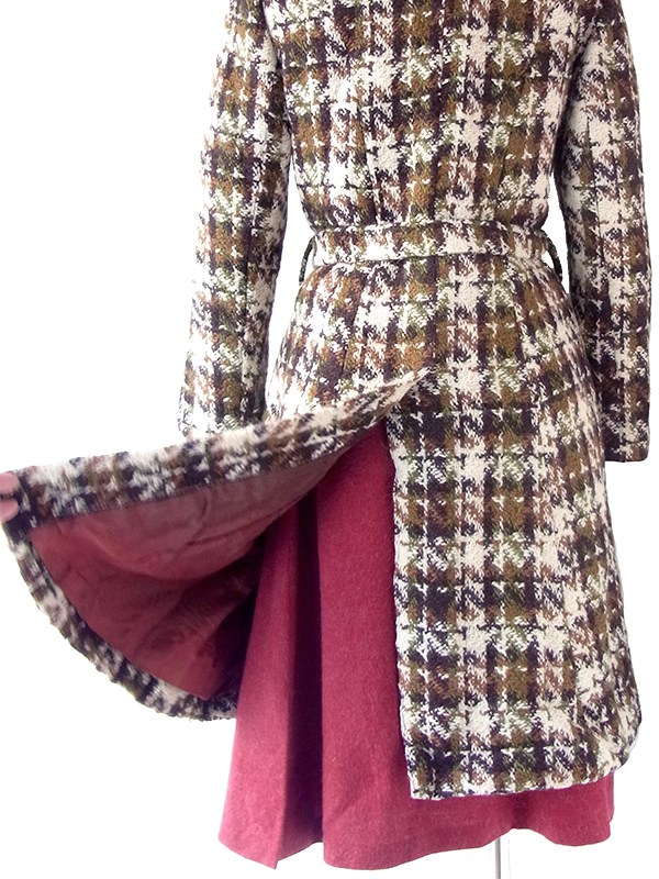 ヨーロッパ古着 フランス買い付け 60年代製 アイボリー X ブラウン・グリーン チェックツイード ウール コート 25FC310