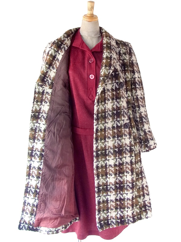 ヨーロッパ古着 フランス買い付け 60年代製 アイボリー X ブラウン・グリーン チェックツイード ウール コート 25FC310