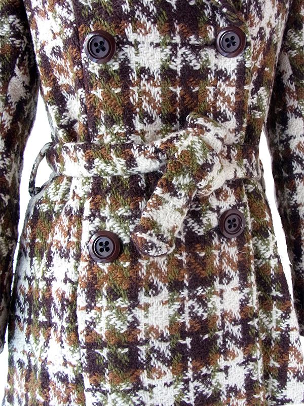 ヨーロッパ古着 フランス買い付け 60年代製 アイボリー X ブラウン・グリーン チェックツイード ウール コート 25FC310