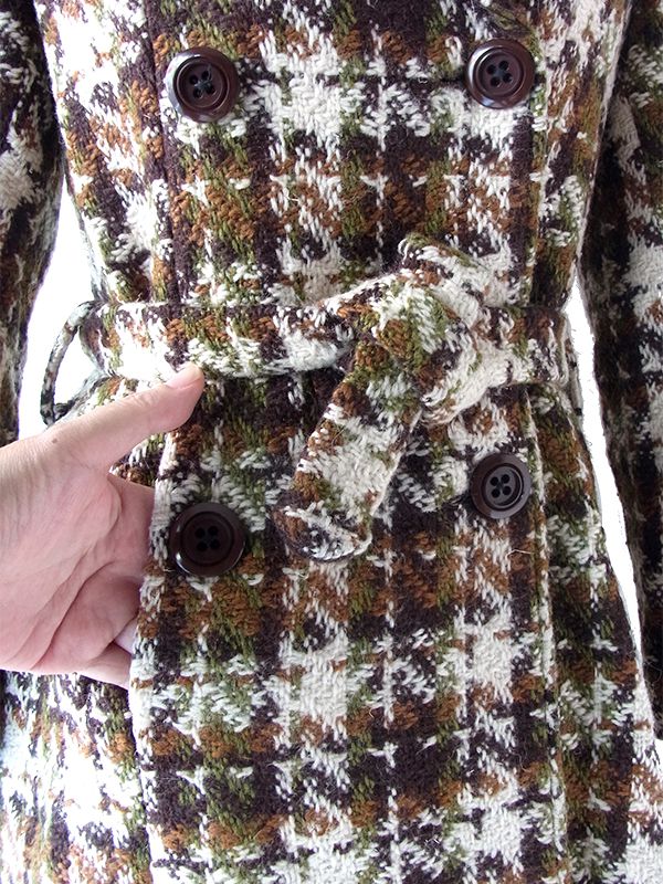 ヨーロッパ古着 フランス買い付け 60年代製 アイボリー X ブラウン・グリーン チェックツイード ウール コート 25FC310