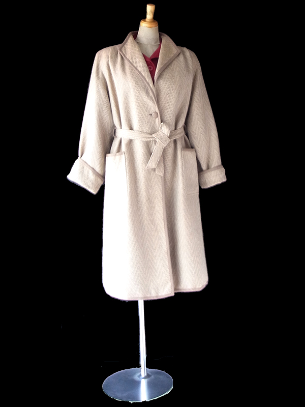 【送料無料】フランス製 ライトベージュ X 共布ベルト付き ヘンリボーン ウール ローブコート 26FC000【ヨーロッパ古着】