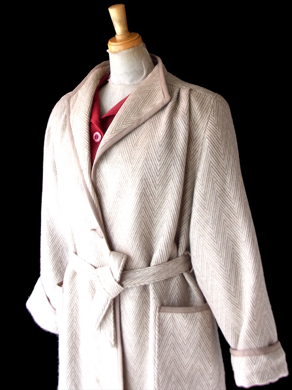【送料無料】フランス製 ライトベージュ X 共布ベルト付き ヘンリボーン ウール ローブコート 26FC000【ヨーロッパ古着】