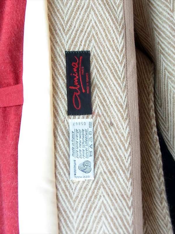 【送料無料】フランス製 ライトベージュ X 共布ベルト付き ヘンリボーン ウール ローブコート 26FC000【ヨーロッパ古着】