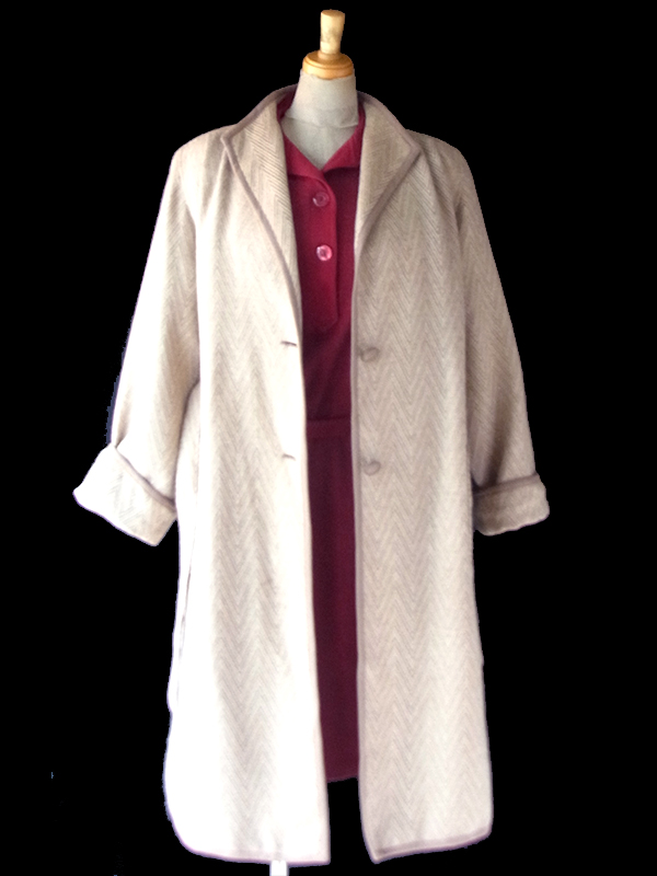 【送料無料】フランス製 ライトベージュ X 共布ベルト付き ヘンリボーン ウール ローブコート 26FC000【ヨーロッパ古着】