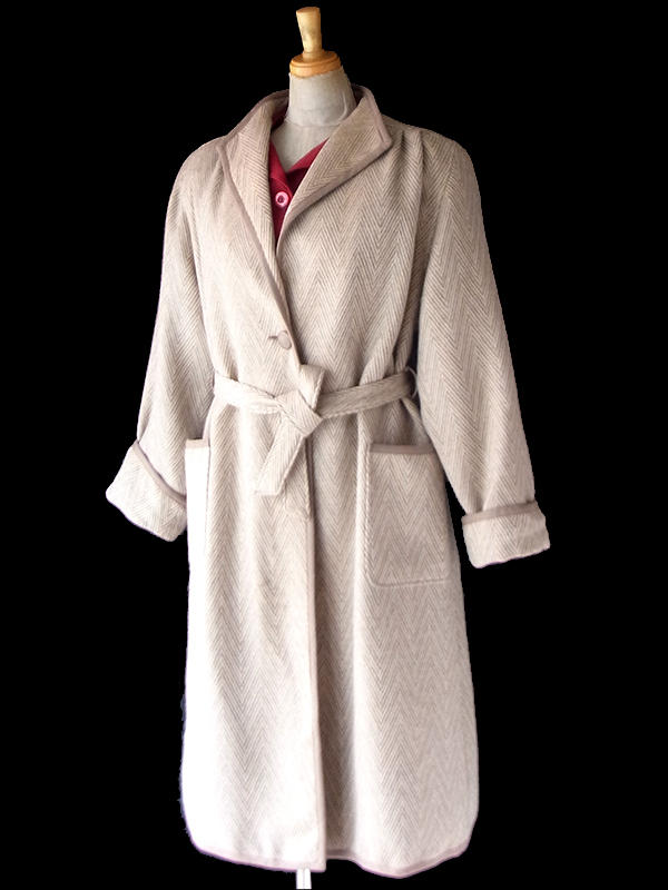 【送料無料】フランス製 ライトベージュ X 共布ベルト付き ヘンリボーン ウール ローブコート 26FC000【ヨーロッパ古着】