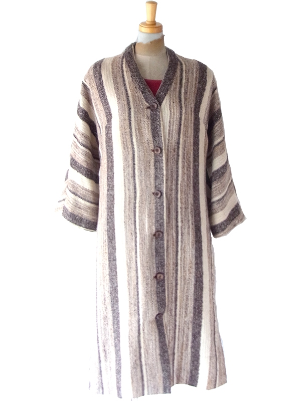 【送料無料】フランス買付け 60年代製 ナチュラルストライプ コットン×リネン ローブコート 26FC001【ヨーロッパ古着】