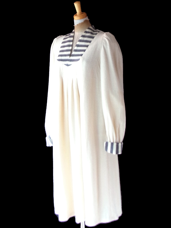 【送料無料】フランス買付け 60年代製 オフホワイト X グレイ ボーダー プリーツ ワンピース 26FC004【ヨーロッパ古着】