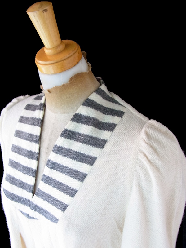 【送料無料】フランス買付け 60年代製 オフホワイト X グレイ ボーダー プリーツ ワンピース 26FC004【ヨーロッパ古着】