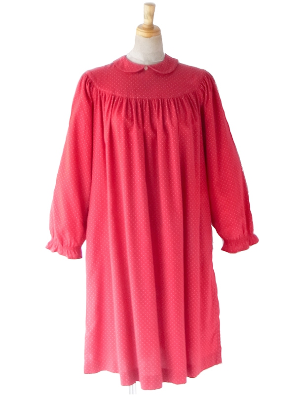【送料無料】60年代フランス製 レッド ピンドット 丸襟 ギャザーワンピース 26FC007【ヨーロッパ古着】