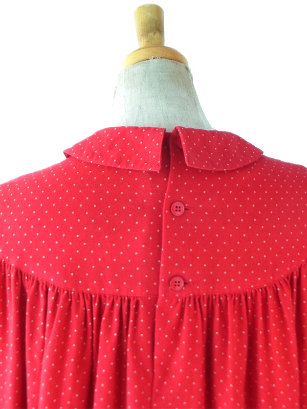 【送料無料】60年代フランス製 レッド ピンドット 丸襟 ギャザーワンピース 26FC007【ヨーロッパ古着】