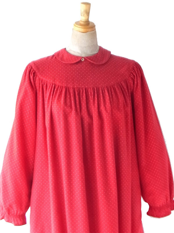 【送料無料】60年代フランス製 レッド ピンドット 丸襟 ギャザーワンピース 26FC007【ヨーロッパ古着】