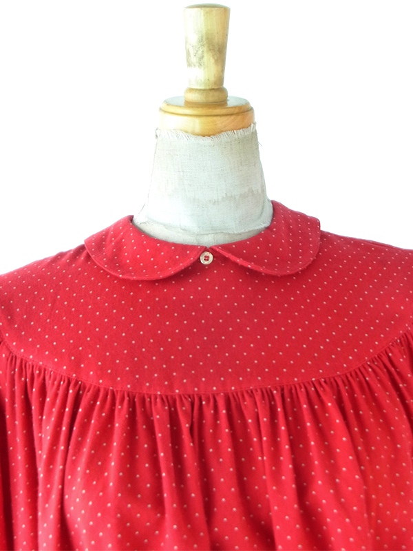 【送料無料】60年代フランス製 レッド ピンドット 丸襟 ギャザーワンピース 26FC007【ヨーロッパ古着】
