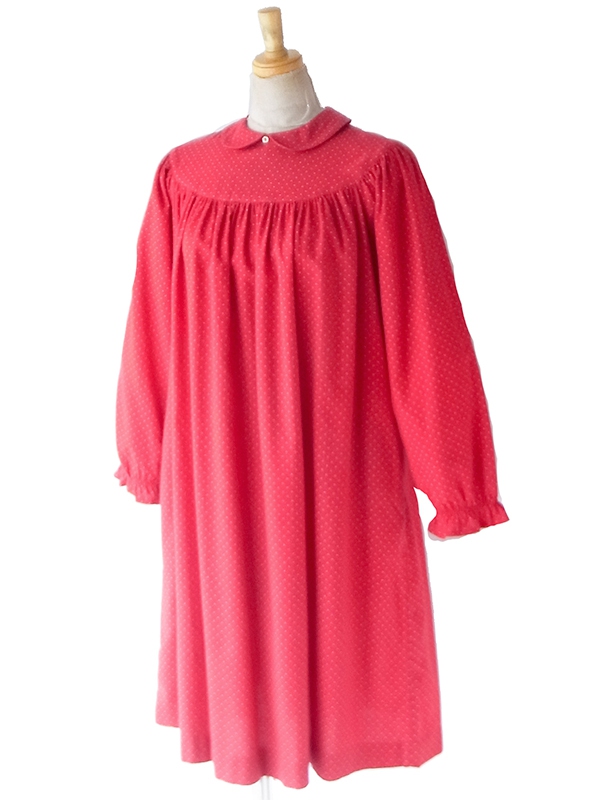 【送料無料】60年代フランス製 レッド ピンドット 丸襟 ギャザーワンピース 26FC007【ヨーロッパ古着】