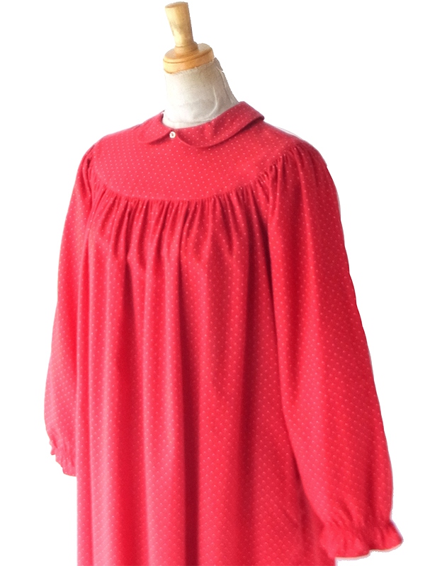 【送料無料】60年代フランス製 レッド ピンドット 丸襟 ギャザーワンピース 26FC007【ヨーロッパ古着】