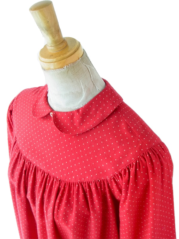 【送料無料】60年代フランス製 レッド ピンドット 丸襟 ギャザーワンピース 26FC007【ヨーロッパ古着】