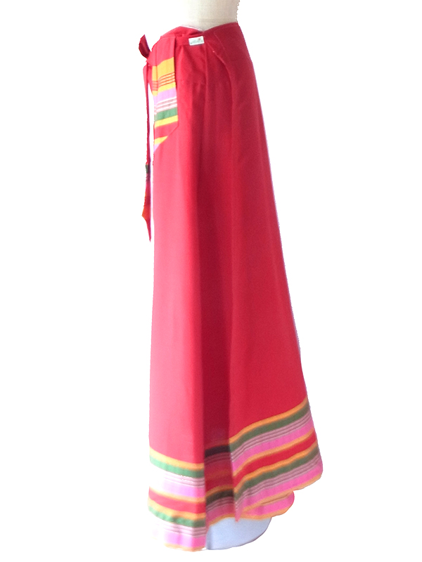 フランス買付け レッド X チロリアン調フォークロア織り柄 ポケット付き ロング 巻きスカート 26FC008