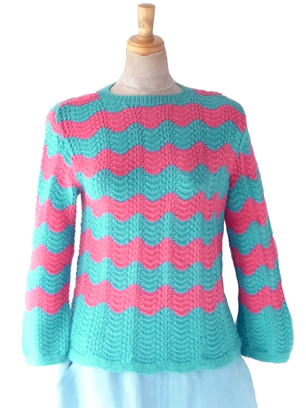 フランス買付け ターコイズブルー X ピンク スカラップ柄 バックファスナー ニット トップス 26FC009