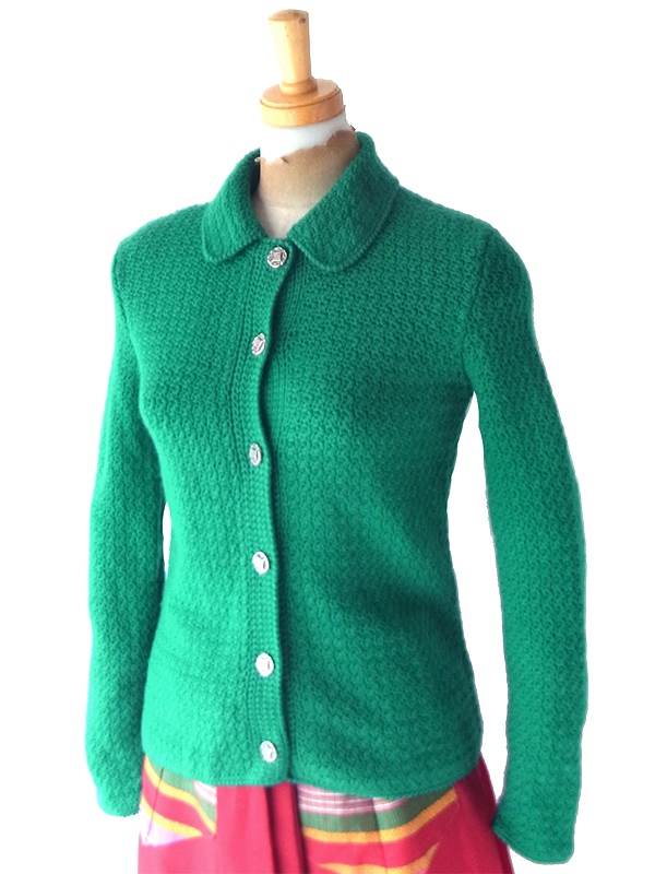 ヨーロッパ古着 フランス買付け 刻印入りシルバーボタン 鹿の子編み風 ウール カーディガン 26FC010