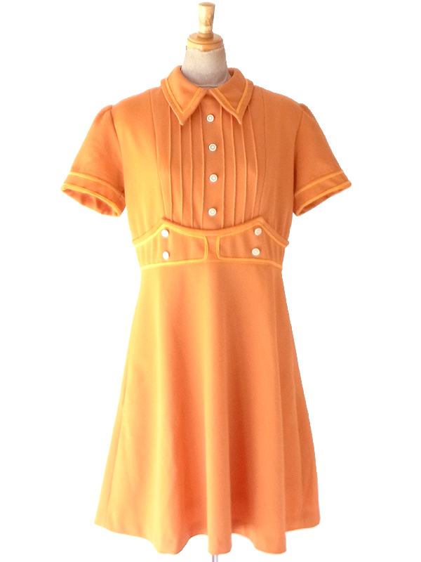 【送料無料】フランス買付け 60年代製 オレンジ×イエロー 飾りウエストベルト風切り替え ワンピース 26FC100【ヨーロッパ古着】