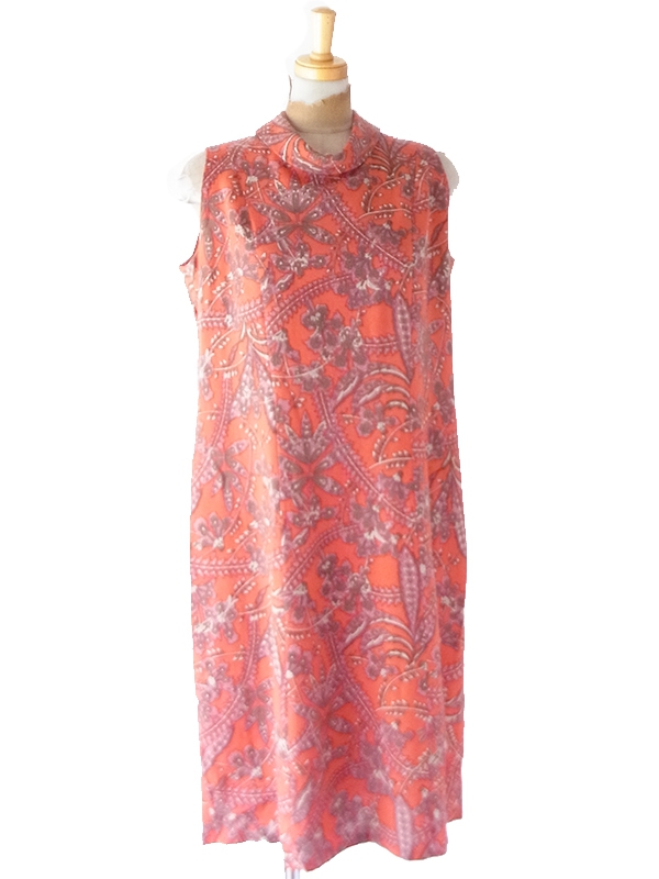【送料無料】フランス買付け 60年代製 オレンジ×ペイズリー調ボタニカル柄 ロールカラー ワンピース 26FC101【ヨーロッパ古着】