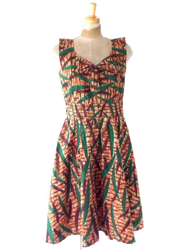 【送料無料】60年代フランス製 オレンジ×グリーン 幾何学総柄 大きなリボン ヴィンテージ ワンピース 26FC102【ヨーロッパ古着】