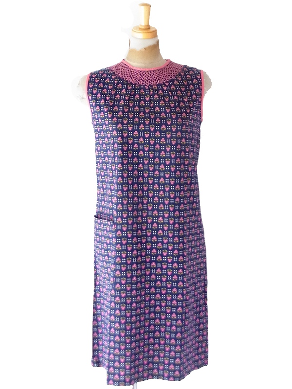 【送料無料】60年代フランス製 ネイビー×ピンク 小花柄 スモッキング刺繍 ヴィンテージ ワンピース 26FC103【ヨーロッパ古着】