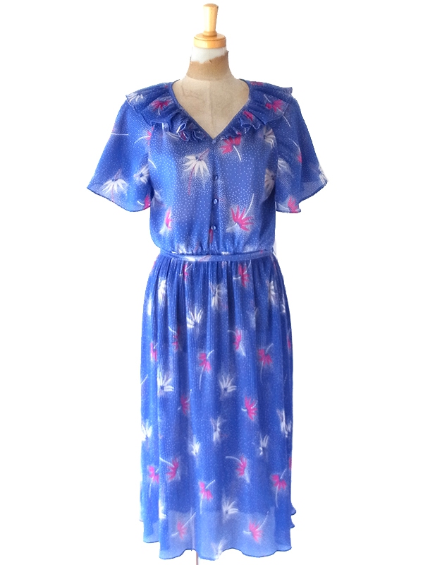 【送料無料】70年代フランス製 ブルー × ホワイト ドット＆ボタニカル柄 アコーディオンプリーツ ワンピース 26FC105【ヨーロッパ古着】