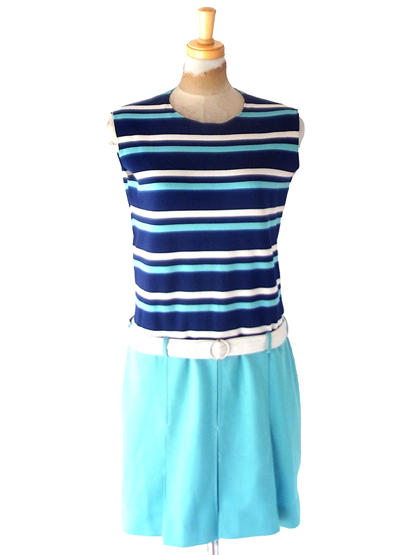 【送料無料】フランス買付け 70年代製 マリンボーダー X ベルト付き 生地切り返し ワンピース 26FC121【ヨーロッパ古着】