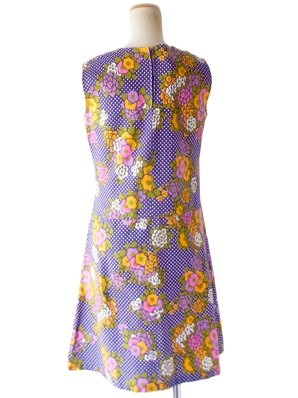【送料無料】フランス買付け 60年代製 パープル X オレンジ 水玉・花柄 ヴィンテージ ワンピース 26FC209【ヨーロッパ古着】