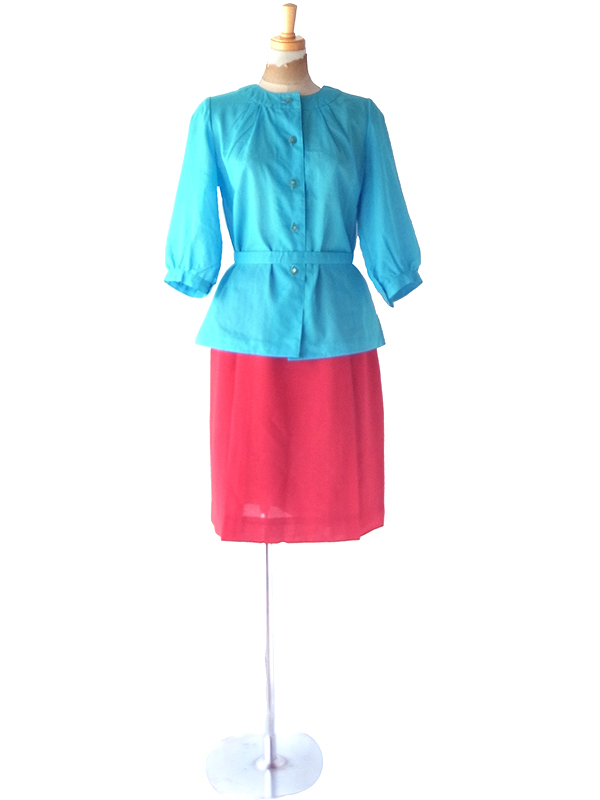 【レトロ古着】60年代製 ピーコックブルー × 共布ベルト付き ネックギャザー ヴィンテージ トップス 26ID028【おとなかわいい】